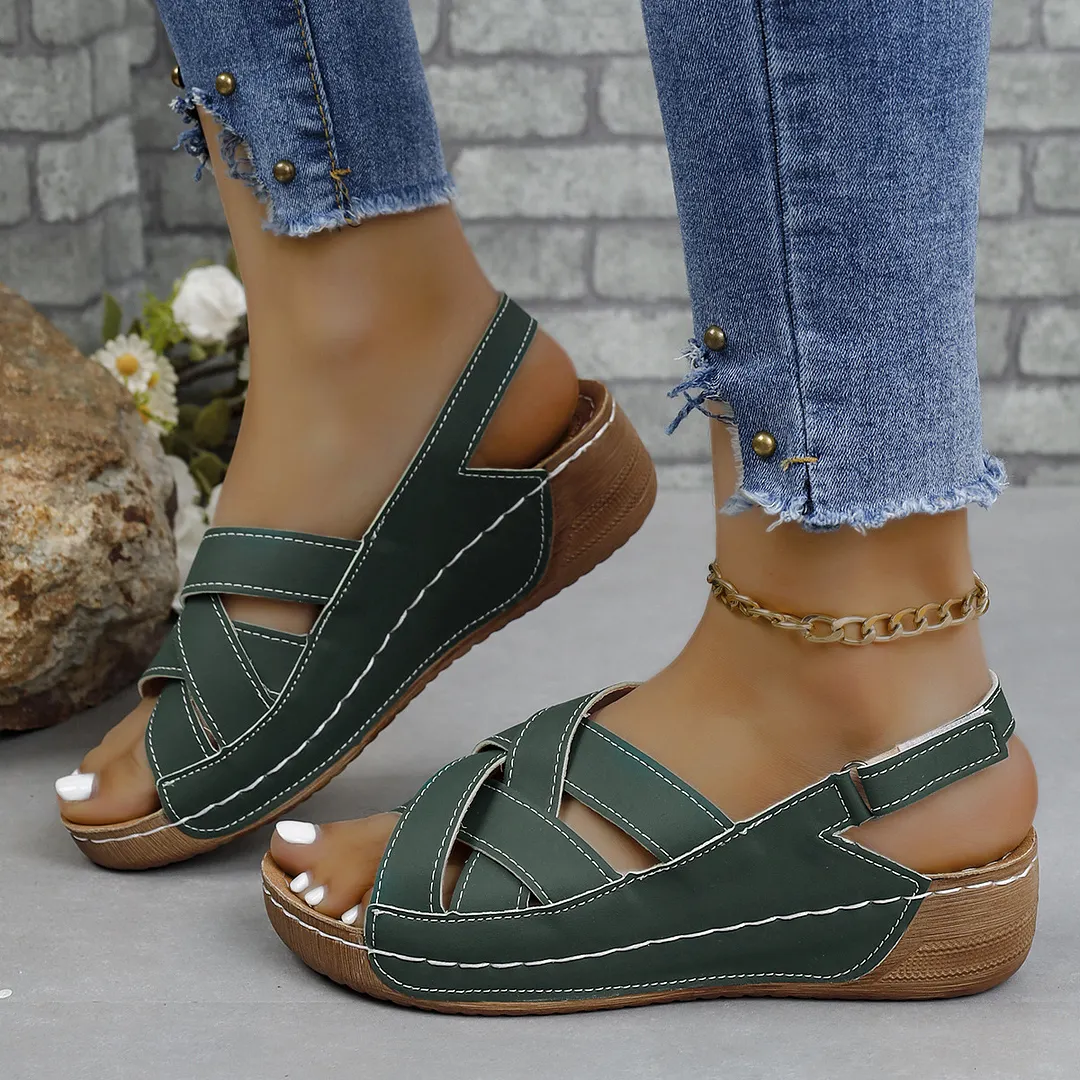 Breakj Breakj New Summer Women's Slope Sandals Thick Sole Buckle With Fish Mouth Sandals Pure-Colored Slope Heel Sandals