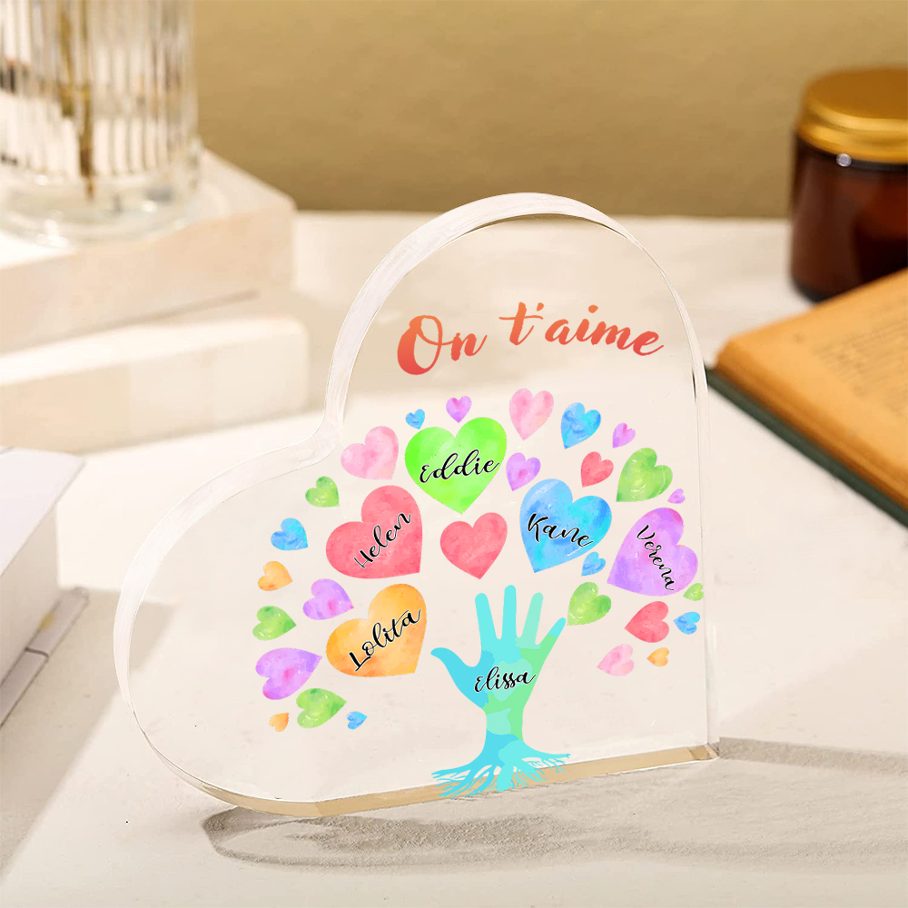 Plaque Acrylique en Forme de Cœur 6 Prénoms Personnalisés avec Texte pour Famille