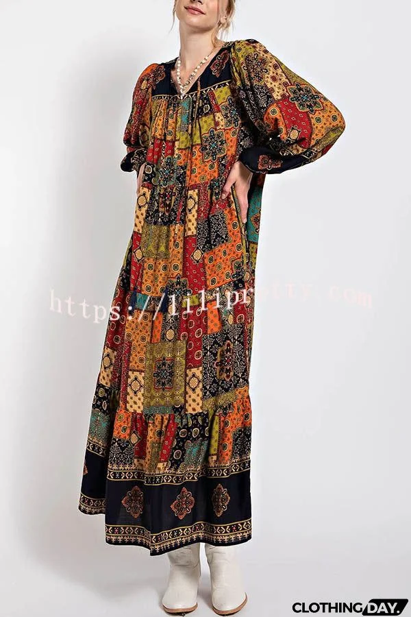 Rosalind Bohemia Ethnic Patchwork Print Long Sleeve A-line Maxi Dress