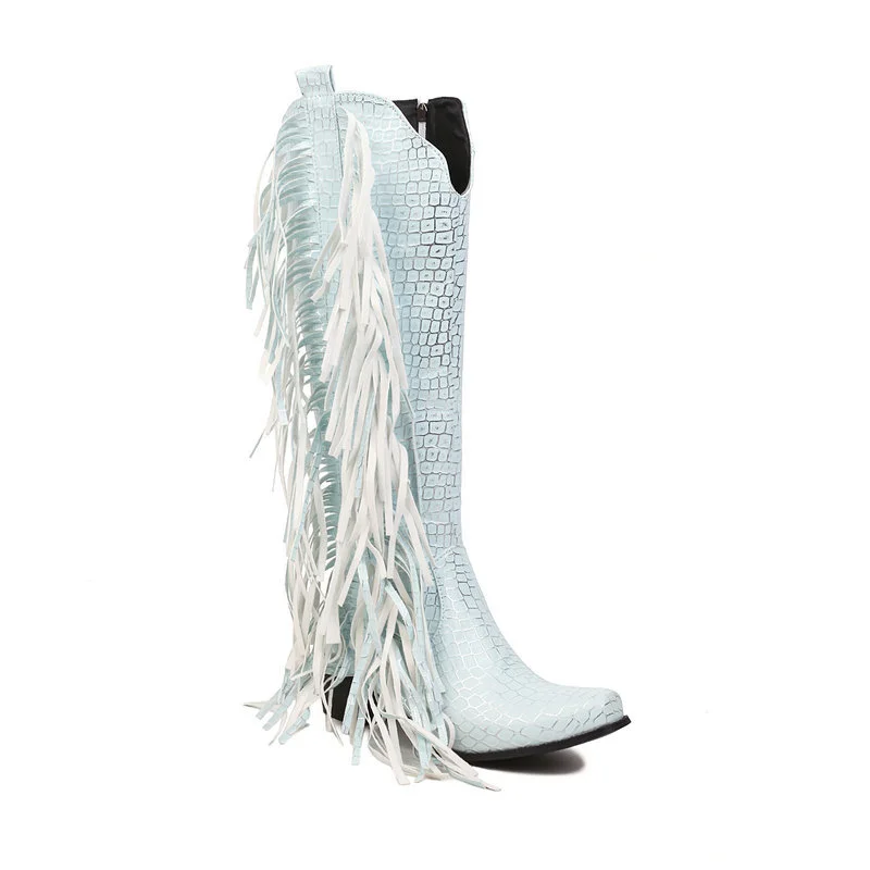 Women's Knee High Fringe Cowboy Boots Pointed Toe Block Heels Western Boots