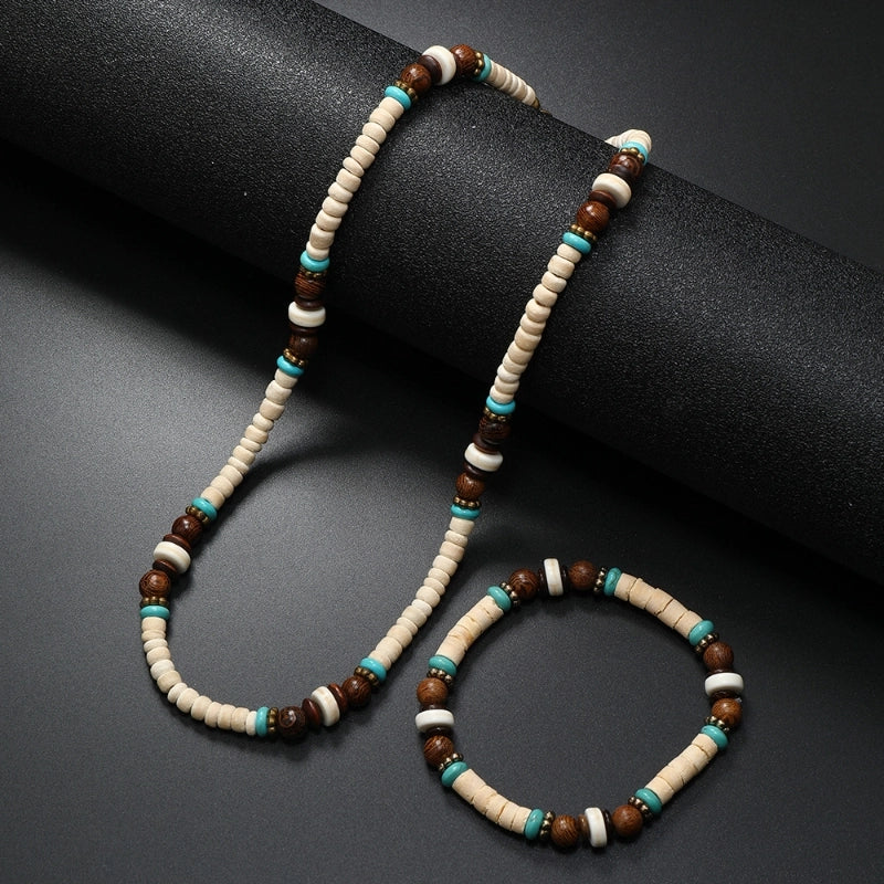 Retro Ethnic Style Bohemian Geometric Wood Turquoise Coconut Shell Beaded Men's Bracelets Necklace Jewelry Set