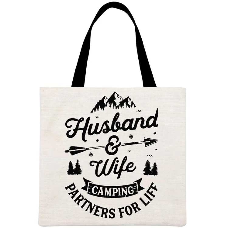 Husband And Wife Camping Printed Linen Bag-Annaletters