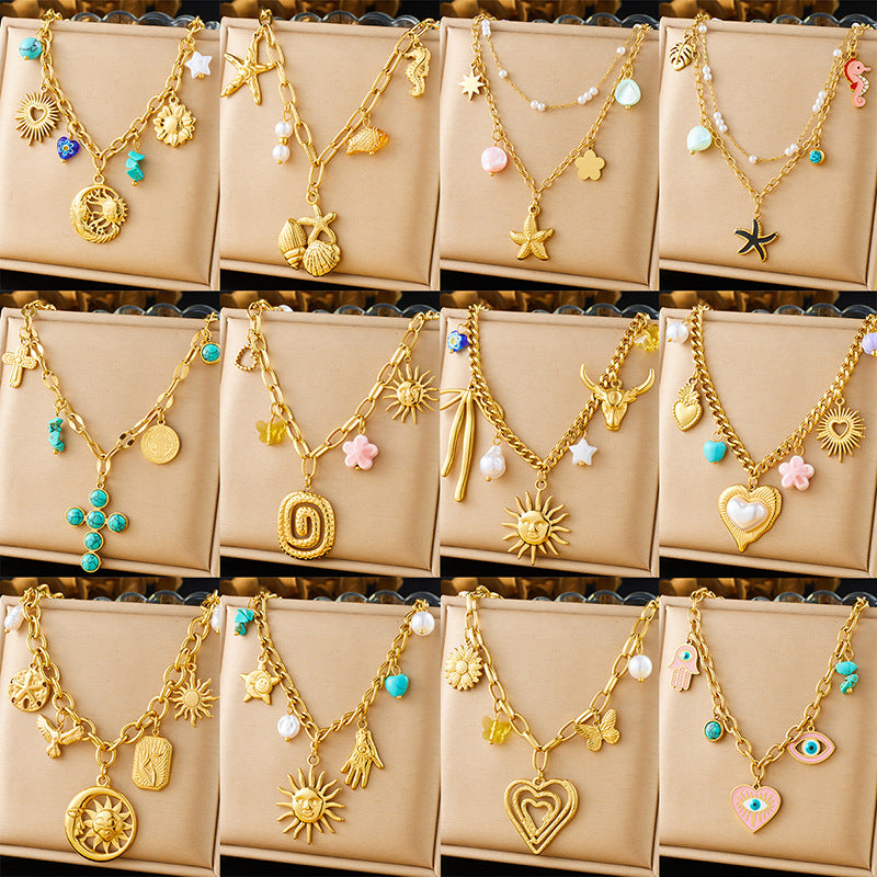 Fashion Spiral Oval Heart-Shaped Large Pendant Sweater Chain Crystal Butterfly Flower Multi-Element Accessories Necklace