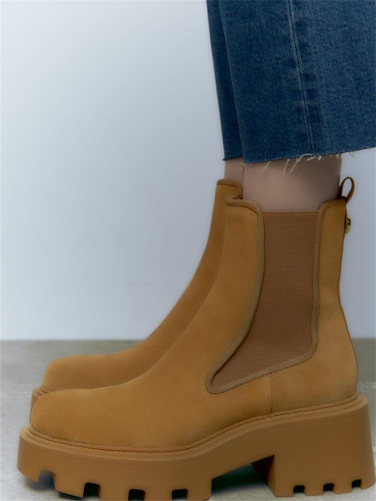 Khaki Fashion Thick Sole Round Toe Elastic Booties