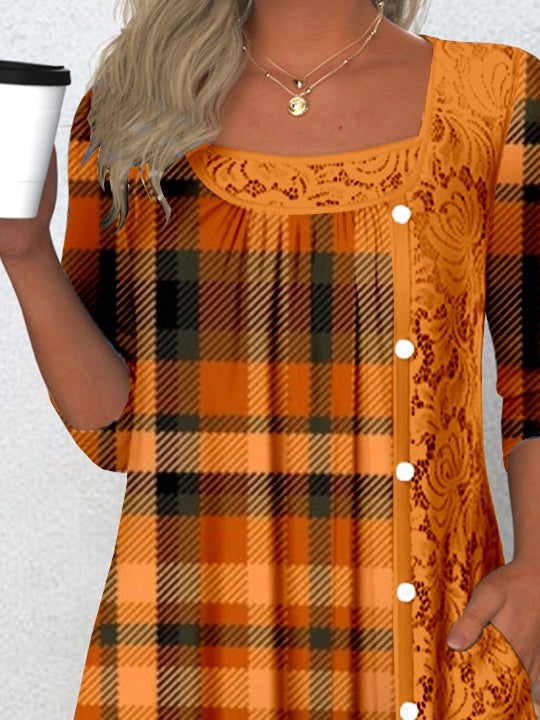 Women's Long Sleeve Scoop Neck Graphic Lace Buttons Halloween Top