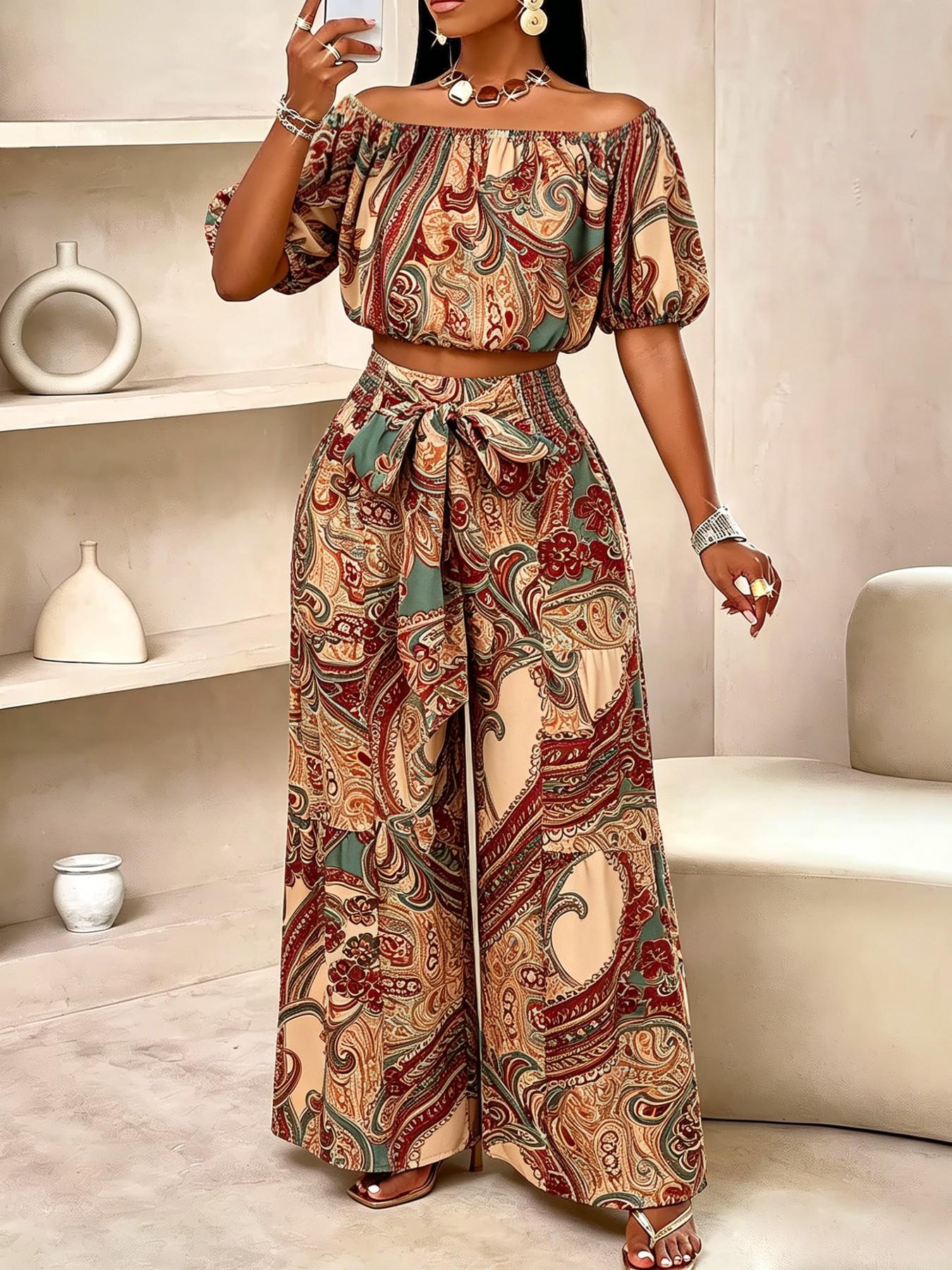 Women's Summer Paisley Print Vintage Vacation Two-Piece Set, Off-Shoulder Bubble Sleeve Crop Top + High Waist Drawstring Wide Leg Pants