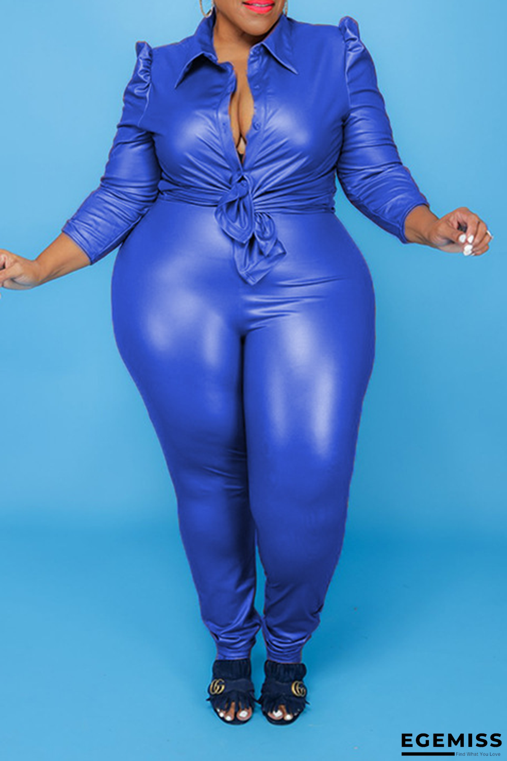 Blue Sexy Solid Patchwork Turndown Collar Plus Size Two Pieces | EGEMISS