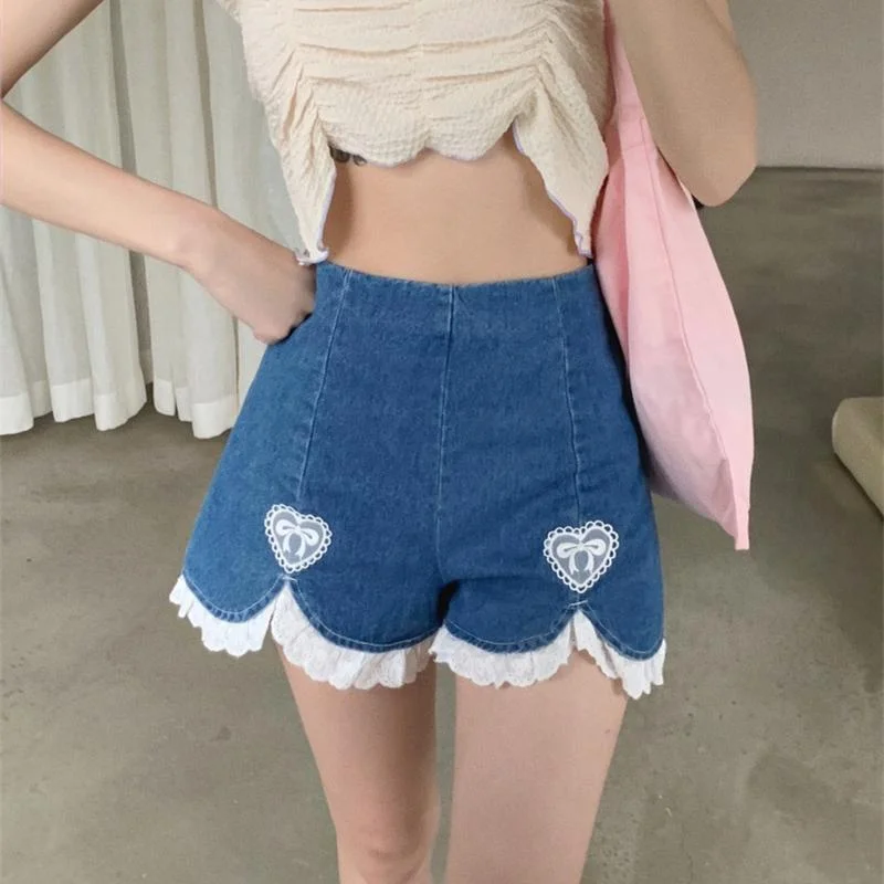 Love Print Lace Trim Blue Denim 2022 Sexy Shorts High Waist Women&#39;s Summer Shorts Gothic Oversize Shorts Women Denim Shorts