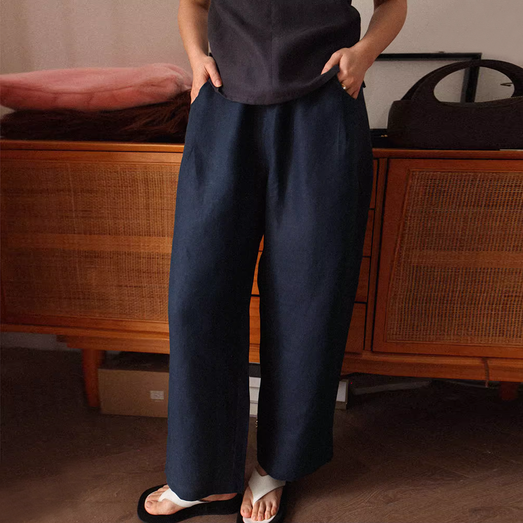 Linen Pants Women 100% Linen Drawstring Wide Leg Trousers REAL SILK LIFE