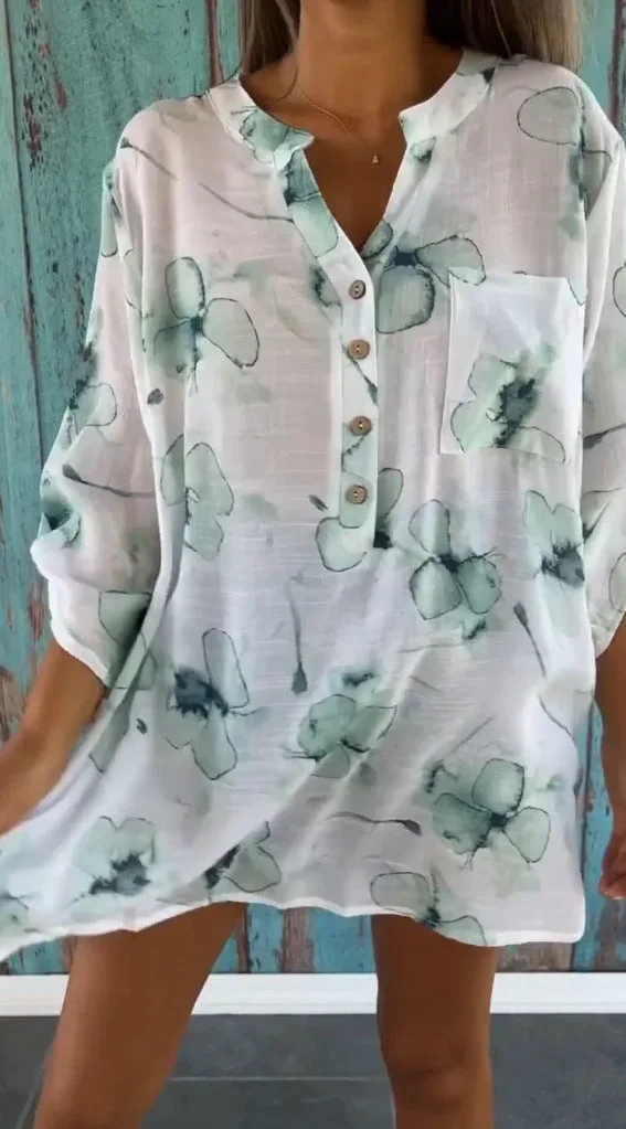 Women's Vintage  Floral Art Print Casual Cotton Shirt