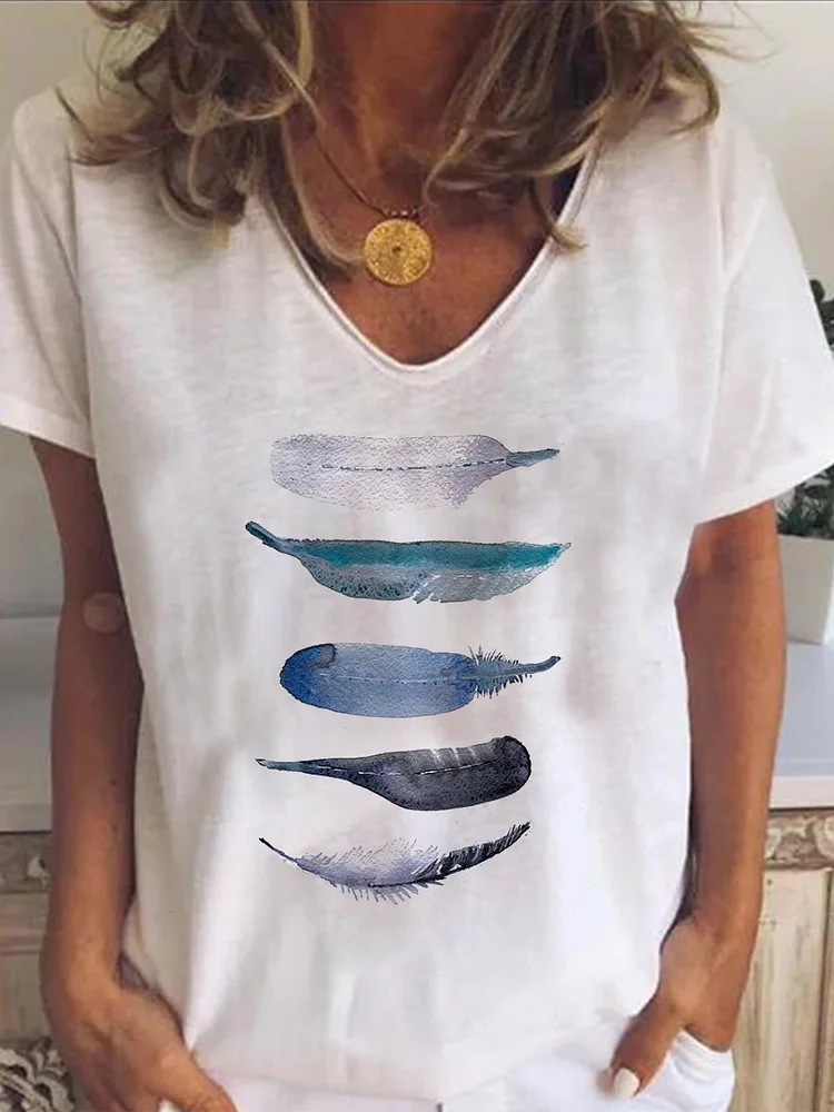 Ladies V-neck Short-sleeved Cotton Feather Print T-shirt