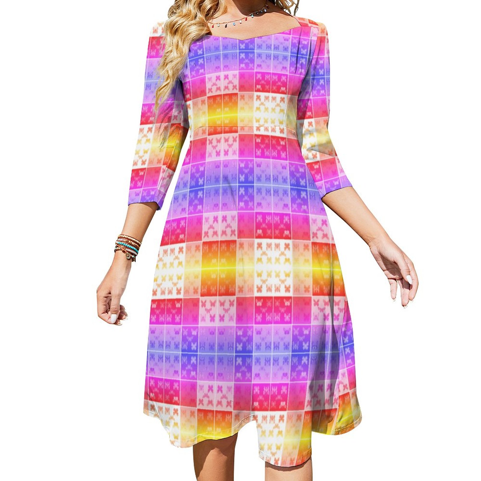 Cosmic Butterfly Rainbow Hologram Black Light Rave Dress Sweetheart Tie Back Flared 3/4 Sleeve Midi Dresses