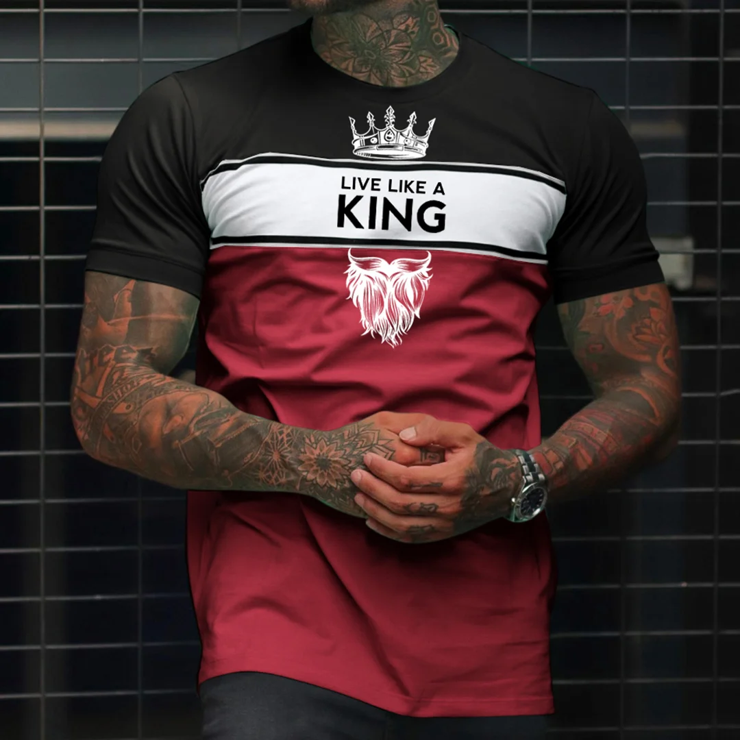 Men's Fashion Live Like A King Print Color Matching Casual Slim Fit Short Sleeve T-Shirt