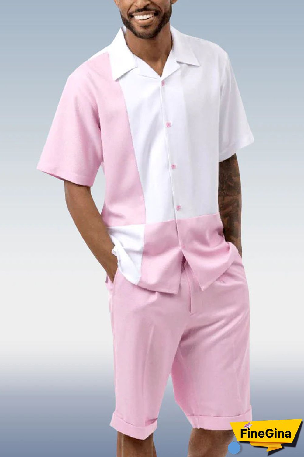 Black White Two Piece Short Sleeve Print Walking Suit Set With Shorts