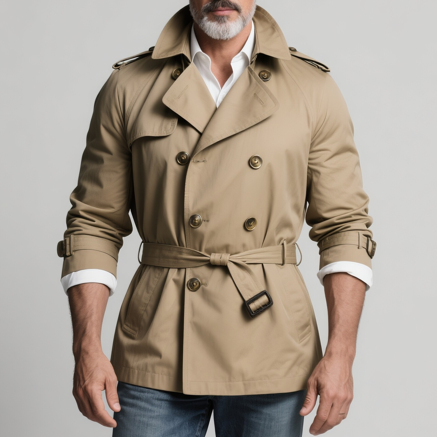 Men's Casual Lapel Long Sleeve Pocket Double Breasted Belt Trench Coat