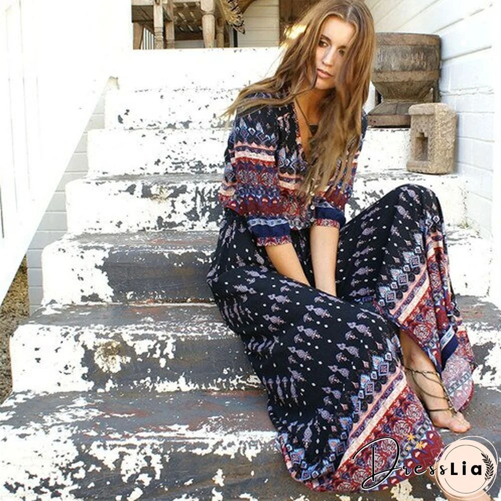 Back To School Outfit  New Bohemian Printing Long Dress Women Maxi Long Dress Floral Print Retro Hippie Vestidos Chic Brand Clothing Boho Dress