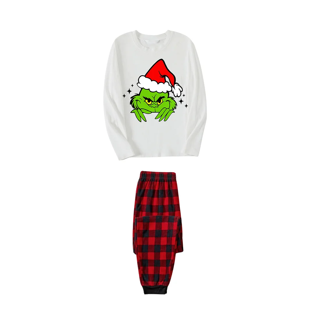 Christmas Cute Green Cartoon Pattern 2024 White Long Sleeve with Black&Red Plaid Pants Family Matching Pajamas