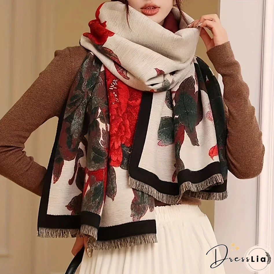 Vintage Floral Pattern Soft Shawl Scarf - Elegant, Warm, Fringe, Windproof, Coldproof, Autumn Winter Essential - Perfect for Outdoor Activities, Casual Wear, and Gift Giving
