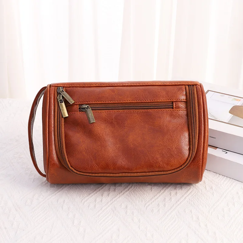 Wallenrisen Men's Large Capacity Pu Leather Toiletry Bag Portable Waterproof Travel Shower Bag High-end Storage Organizer For Trip Storage Bag