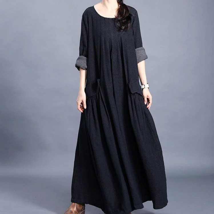 Bohemian o neck pockets cotton linen spring dress Work black Dresses