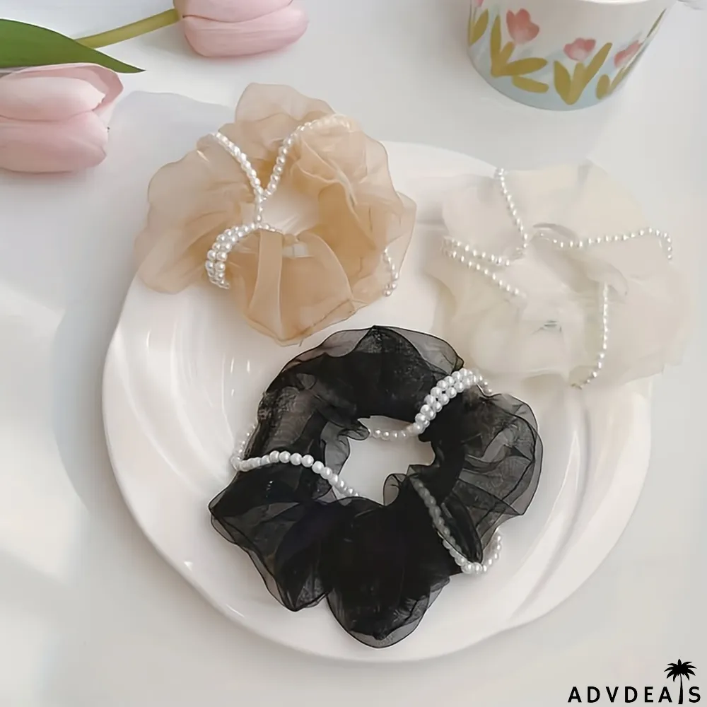 Organza Scrunchies Faux Pearl Chain Twisted Hair Rope Simple Style Hair Ring Elegant Ponytail Holder Hair Tie Women Girls Hair Accessories