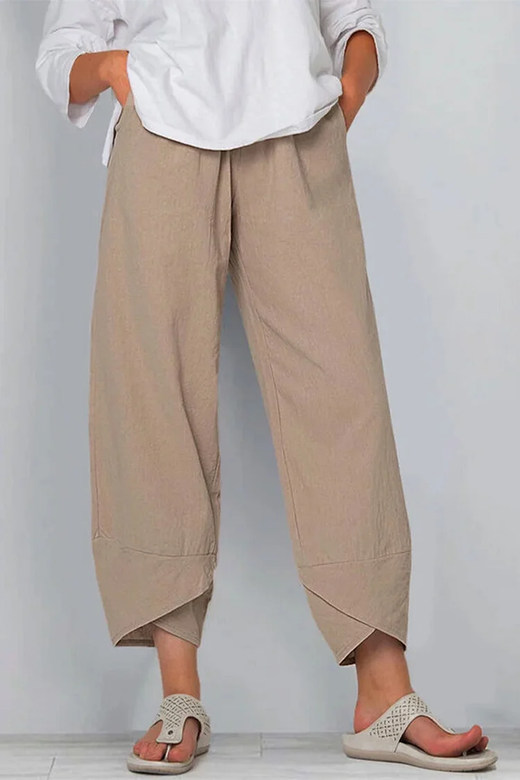 Plus Size Casual Khaki Cotton and Linen Wide Leg Loose Cropped Pants  Flycurvy [product_label]