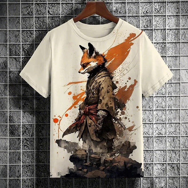 Men's Fox Warrior Watercolor Art Print Casual Short Sleeve T-shirt  artssus