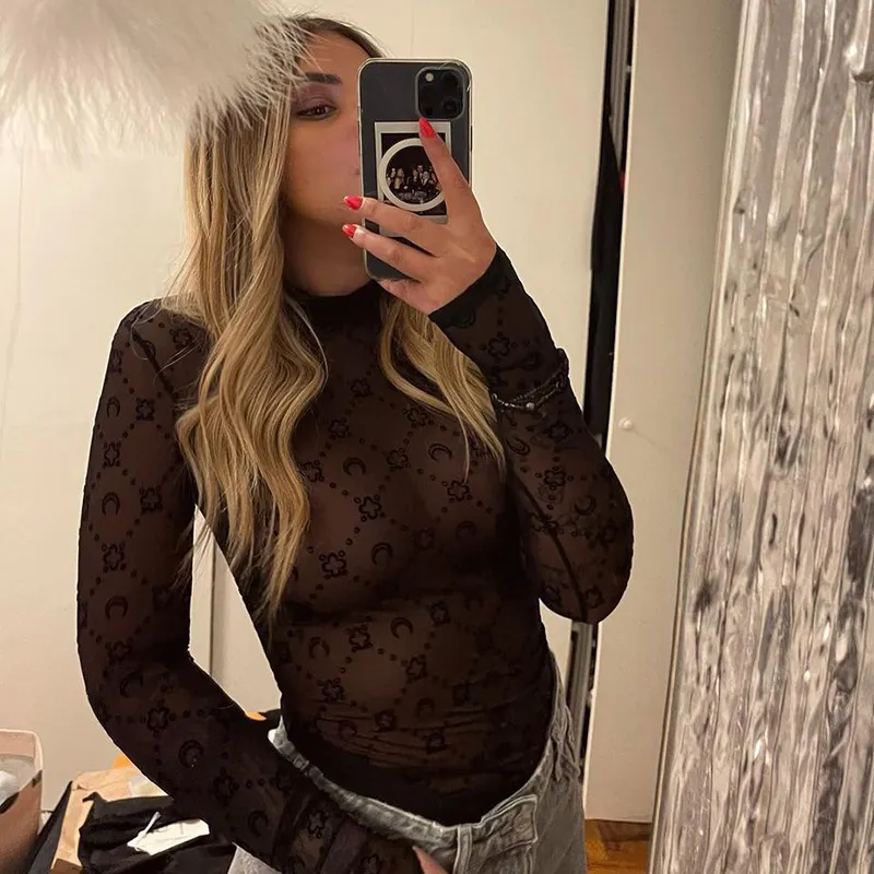 Uveng 2024 Summer Women's New Sexy Mesh Perspective Thin Half-High Collar Long-Sleeved Bottom Shirt