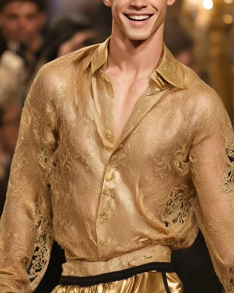 Men's Lace See-Through Long Sleeve Shirt