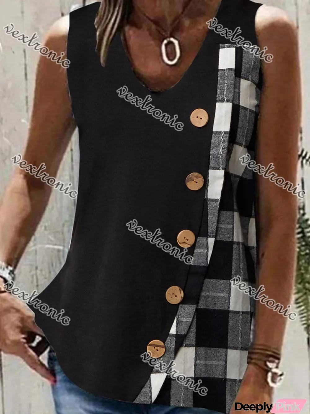 Women's Black V-neck Sleeveless Stitching Top
