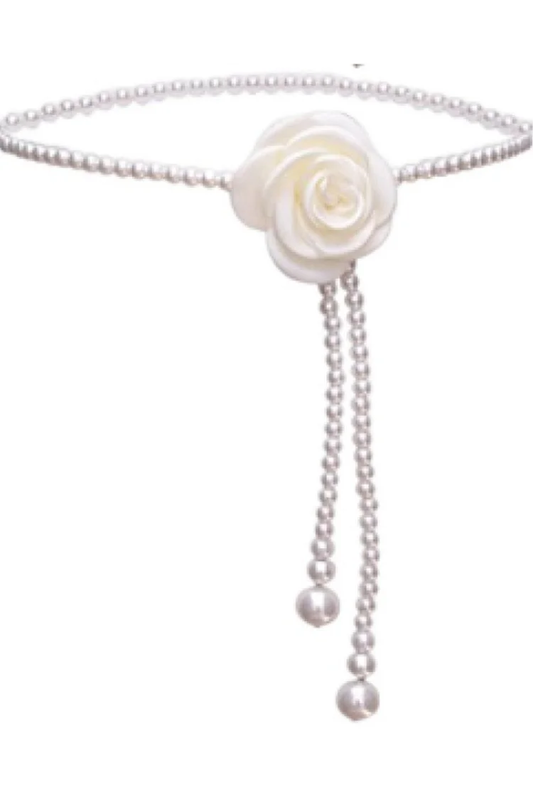 1950s White Casual Camellia Imitation Pearl Decor Waist Chain