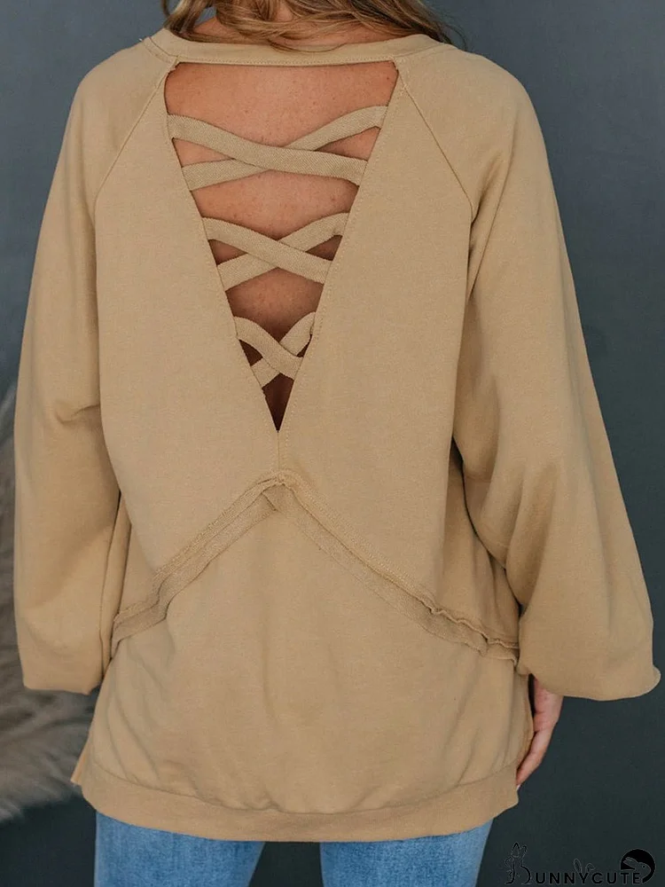 French Beige Lattice Hollow Out Back Sweatshirt for Casual Chic Comfort