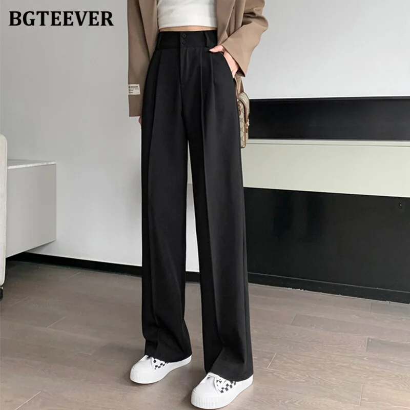 Churchf Spring Double Button Women Wide Leg Suit Pants Casual High ...