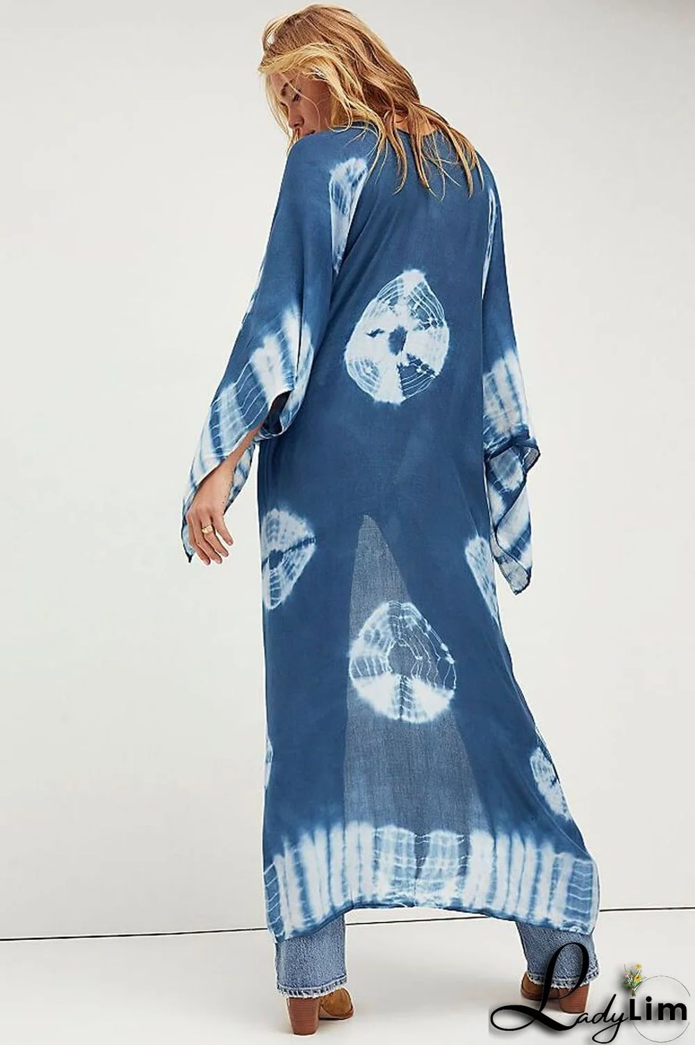 Tie Dye Sleeved Kimono Chiffon Maxi Cover Up