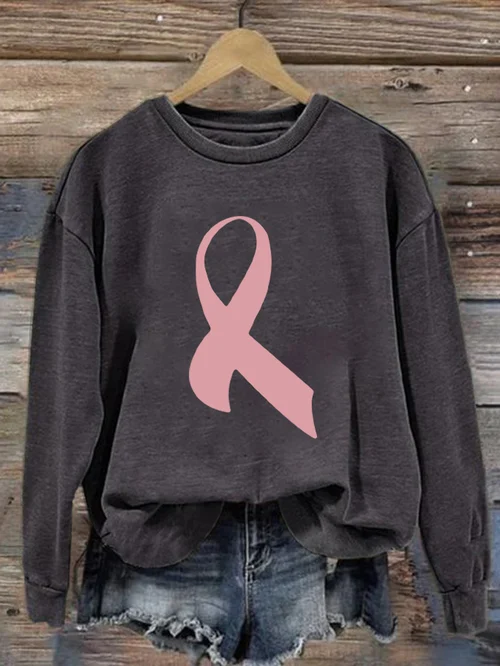 Comstylish Retro Breast Cancer Awareness Pink Ribbon Print Sweatshirt