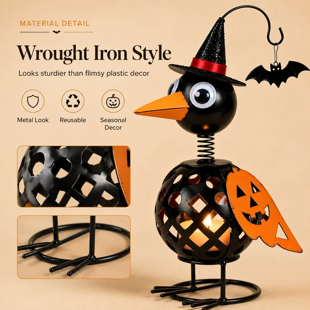 Wrought Iron Halloween Crow Decor