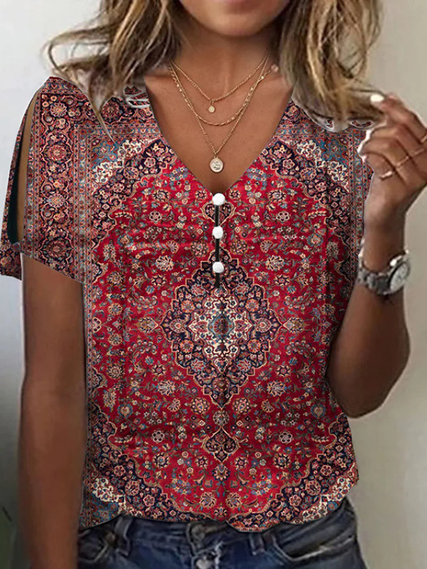 Women's Enthic Floral Tops V-Neck Hollow out Sleeve Vintage T-Shirts