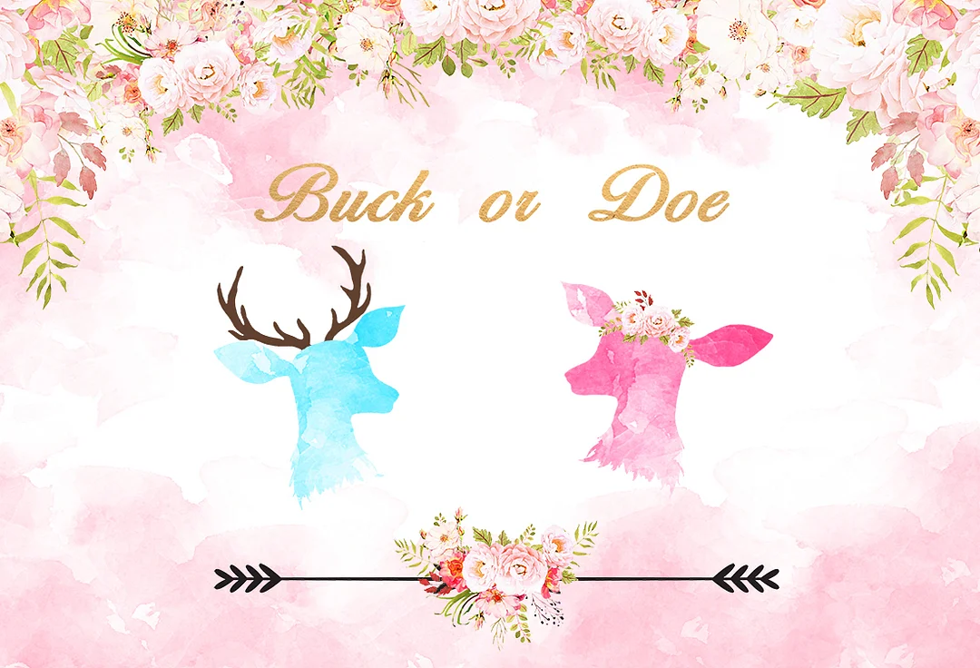 Buck Or Doe Pink Flowers Gender Reveal Backdrop RedBirdParty