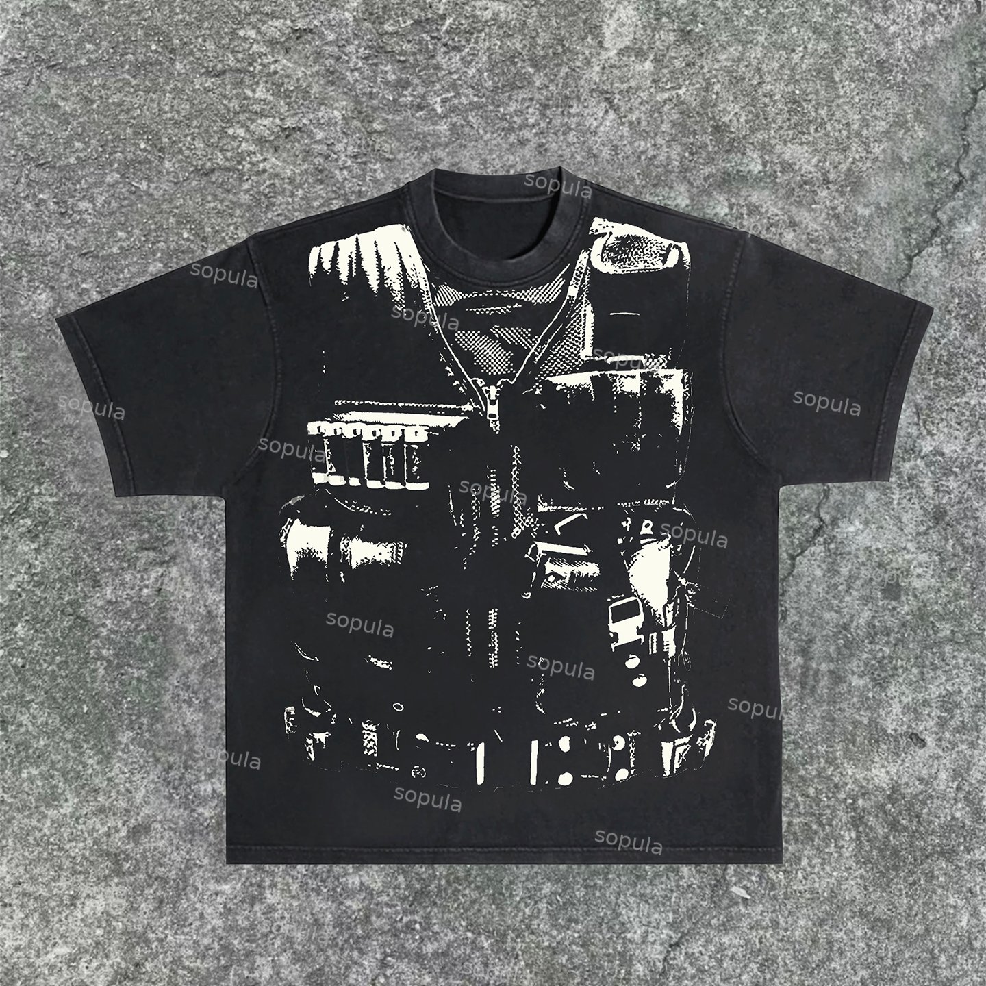 Sopula Street Fun Bulletproof Vest Print Short Sleeve Acid Washed T-Shirt - Sopula ｜Premium Graphic Tees & Graphic Streetwear