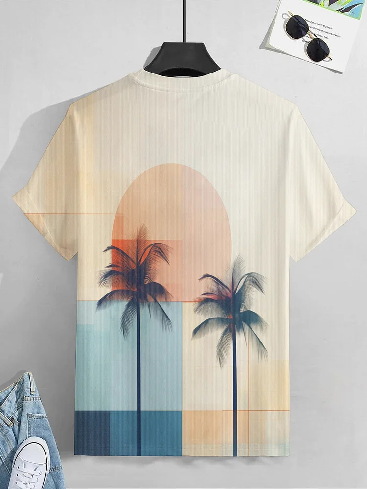 Men's Colorblock Trees Print Vacation Casual T-Shirt