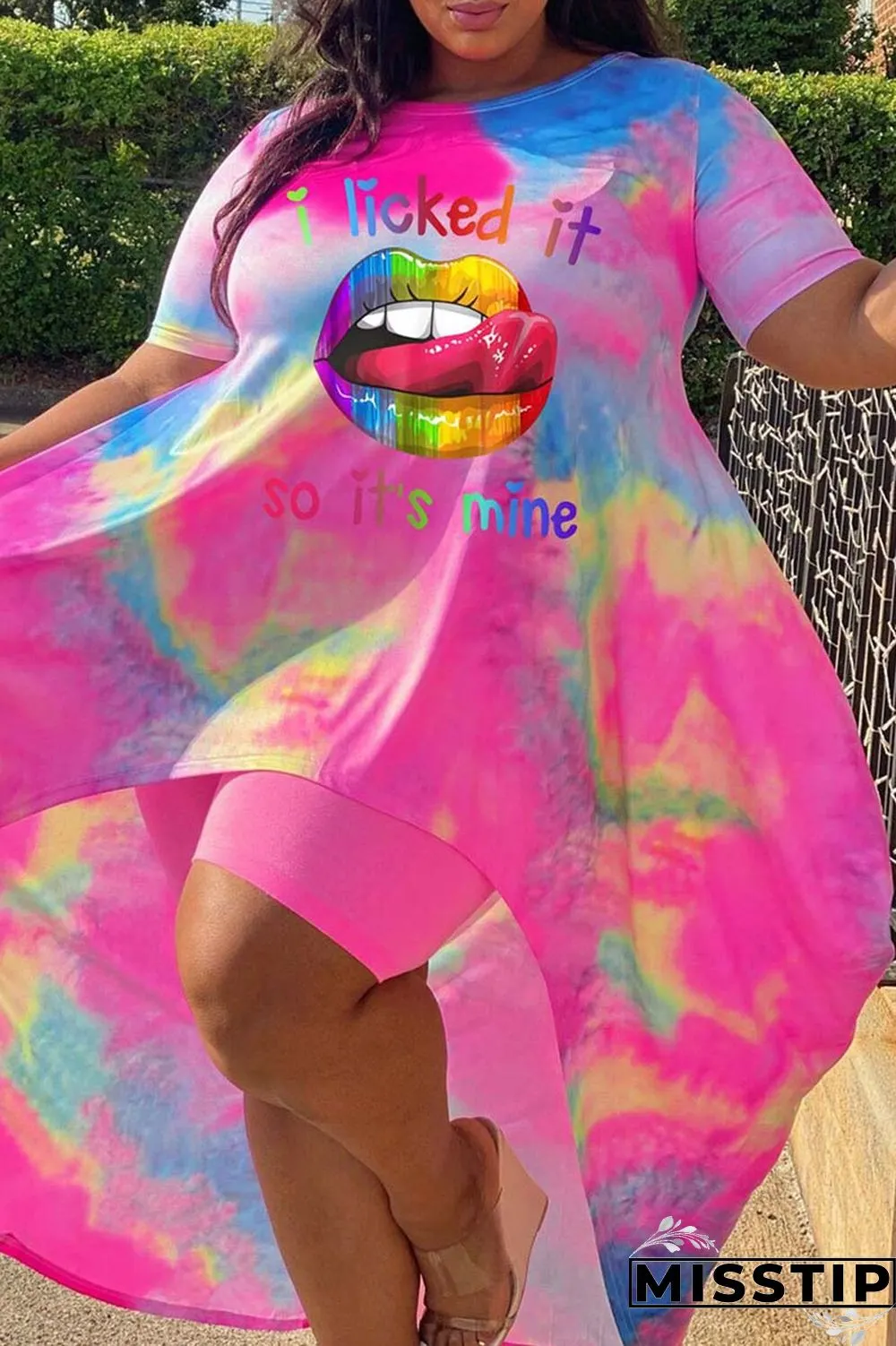 Pink Black Fashion Casual Print Tie-dye O Neck Plus Size Two Pieces