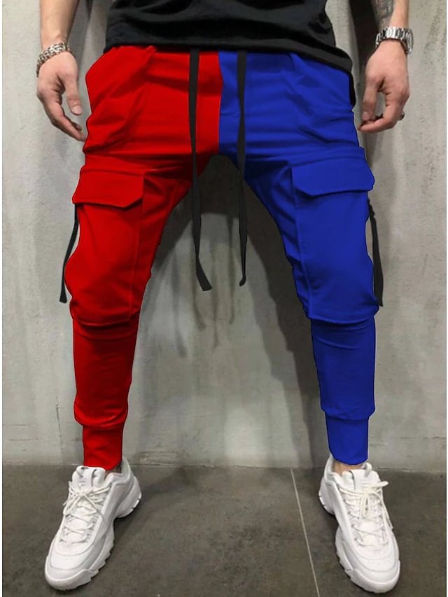 Men's Casual Flap Pocket Cargo Pants Streetwear Colorblock Sweatpants