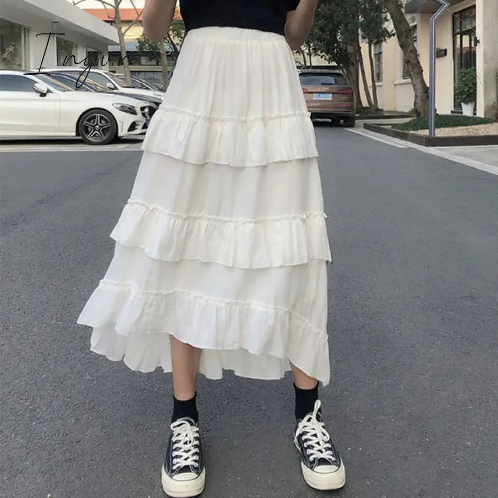 Ingvn - Midi Long Skirts Womens Maxi Skirt Goth Lolita Summer High Waisted Asymmetrical Low Ruched