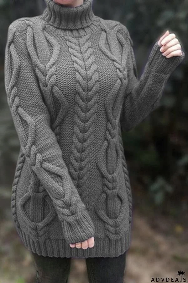 High Neck Solid Cable Knit Sweater