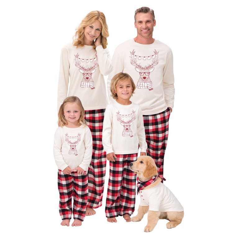 Christmas White Deer Top and Red Plaids Family Matching Pajamas Sleepwear Sets With Dog