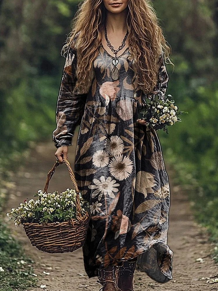 Women's Vintage Floral Art Print Pocket Cotton V Neck Long Sleeve Dress