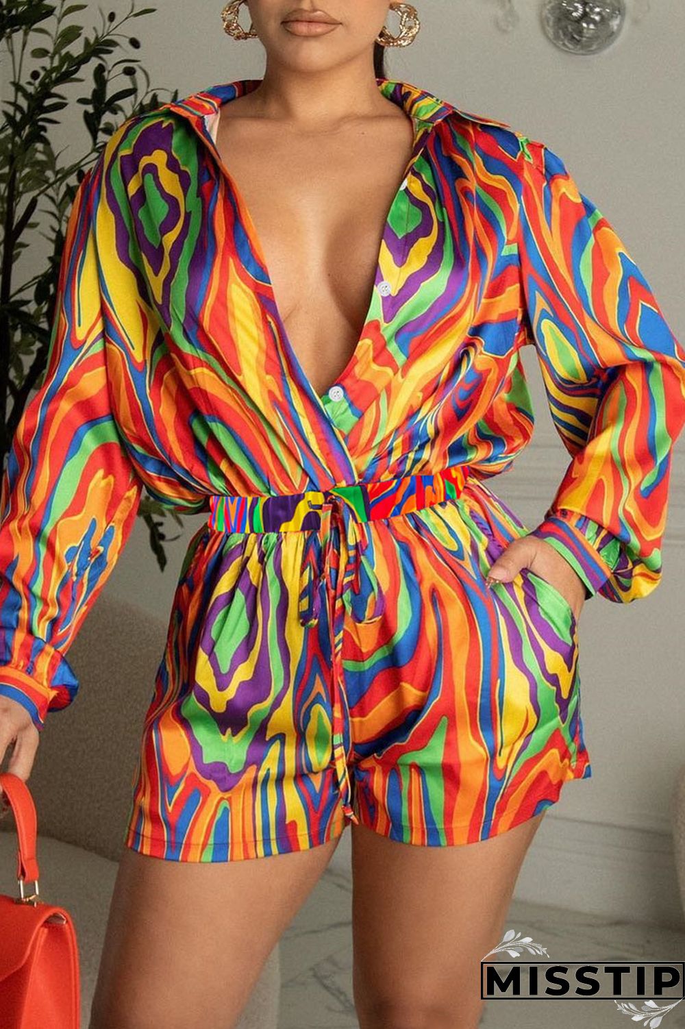 Colour Fashion Casual Print Patchwork Buckle Turndown Collar Long Sleeve Two Pieces