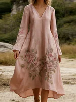 Women's Rose Printed Art V-neck Long Sleeve Maxi Dress