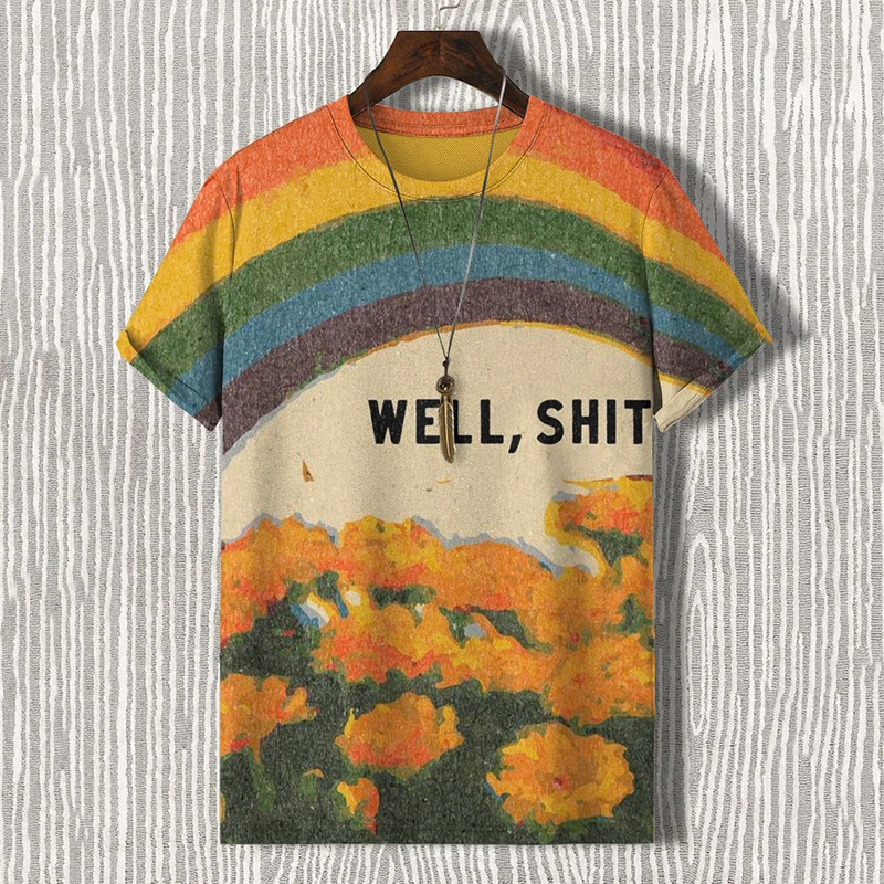 Men's Retro We Hope Peace Forever Well Shit Retro Fun Rainbow Floral Art Pattern Print Comfortable T-shirt