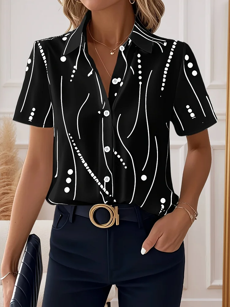Elegant V-Neck Striped Blouse For Women - Short Sleeve, Button-Up Shirt With Polka Dot Print, Non-Stretch Fabric, Perfect For Spring/Summer, Casual To Formal Wear, Casual Attire | Elegant Vneck | Nonstretch Fabric